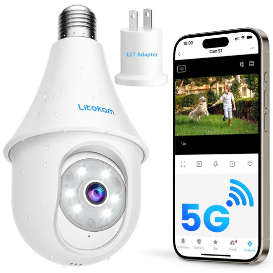 Picture of litokam Light Bulb Security Camera 5MP, 5G/2.4G Hz 2K WiFi Socket Cam for Home, Wireless Outdoor/Indoor Cameras Outside with Motion Detection, Alarm Siren, Color Night Vision, Work with Alexa/Onvif