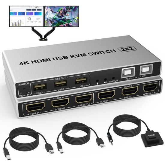 Picture of Dual Monitor KVM Switch HDMI 2 Port 4K@60Hz, HDMI KVM Switch 2 Computers Share 2 Monitors Display and 3 Keyboard/Mouse/Printer, with Audio Mic Output