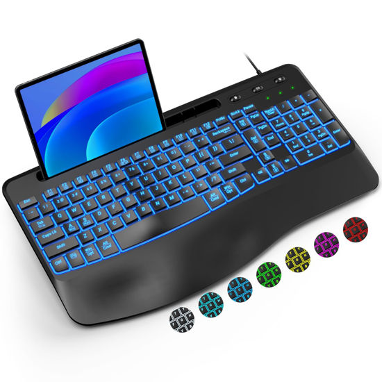 Picture of EAYBLLY Ergonomic Backlit Computer Keyboards, USB Wired Lighted Keyboard with 7 Colors, Wrist Rest, Phone Holder, Wave Keys Design, Plug and Play for Windows, Laptop, PC, Desktop, Gaming