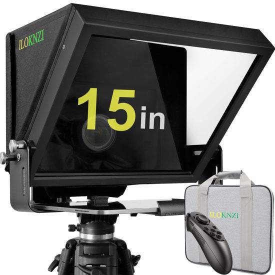 Picture of GEIMRSY 15-inch Aluminium Adjustable teleprompter with 70/30 Divided Glass for Clear Text Display, Remote Control and teleprompter app for User-Friendly Remote Control