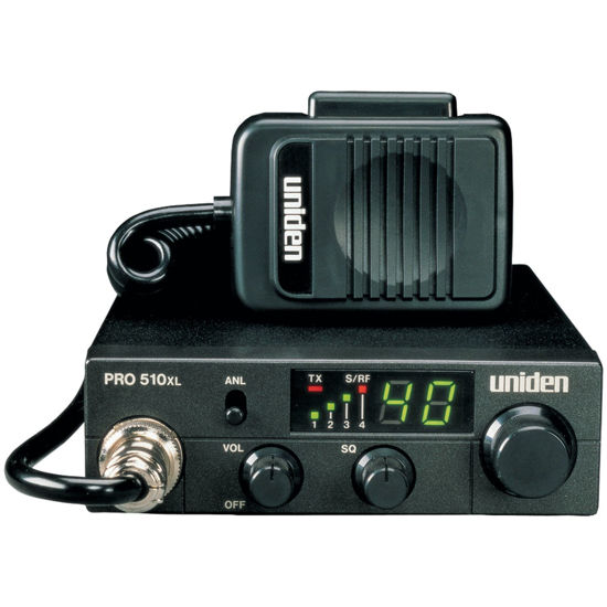 Picture of Uniden PRO510XL Pro Series 40-Channel CB Radio. Compact Design. Backlit LCD Display. Public Address. ANL Switch and 7 Watts of Audio Output. Unique PLL Circuit. S/RF LED Meter. , Black