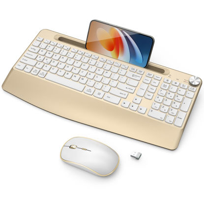 Picture of JOYACCESS Ergonomic Wireless Keybaord and Mouse Combo, Full-Sized Wireless Keyboard with Wrist Rest, Wireless Keyboard Mouse Combo with Tablet Holder, Volume Roller for Computer PC Laptop-Gold&White