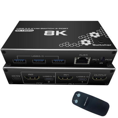 Picture of 4K/120HZ HDMI KVM Switch, USB 3.0 Switcher, KVM Switcher Support 8K@30Hz, 4K/120HZ, 1080/240HZ, 2 Computers Share 3 USB Hub Keyboard Mouse Switch and 1 RJ45 Ethernet Switch with Remote Control