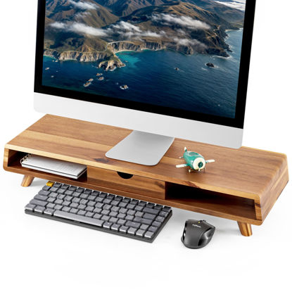 Picture of TINAMO Acacia Wood Monitor Stand with Drawer - Wooden Monitor Riser for Desk - Computer Monitor Stand for Desk - Multi-Purpose Desktop Storage Stand for Computer; Laptop; Printer; TV(24.4 " x 8" x 5")