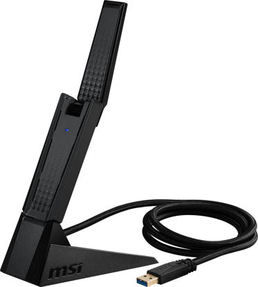 Picture of MSI AXE5400 WiFi 6E USB Adapter - WLAN up to 5400 Mbps (6GHz, 5GHz, 2.4GHz Wireless), USB 3.2 Gen 1, MU-MIMO, 2X High-Gain Tri-Band Antennas, Beamforming, WPA3 - Cradle Included