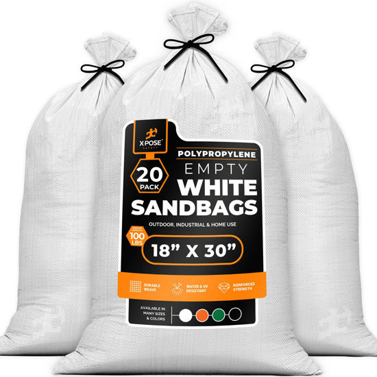 Picture of Woven Polypropylene Sand Bags for Flooding, Gravel -18" x 30" Sacks 100 lb Weight Limit, Military Grade Reusable Refillable Sand Bag for Hurricane Flood Protection, Empty Sandbags, White, Bundle of 20