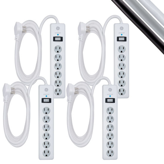 Picture of GE home electrical 6-Outlet Surge Protector,4 Pack,10 Ft Extension Cord,Power Strip,800 Joules,Flat Plug,Twist-to-Close Safety Covers,Protected Indicator Light,UL Listed,White,68618