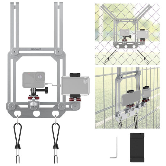 Picture of Neewer Phone Fence Mount with Phone Holder for Game Changer Mounting, Shock Absorbing Baseball Tennis Court Chain Link Compatible with Mevo Star Action Camera GoPro Insta360 DJI iPhone, PA020 Silver