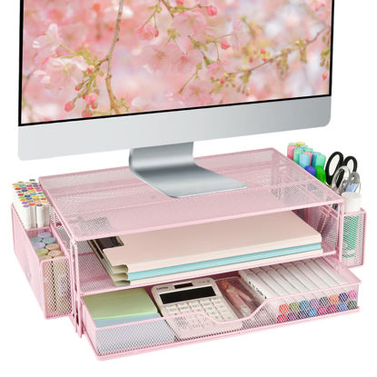 Picture of AUPSEN Computer Monitor Stands with Drawers and 2 Pen Holder, Desk Accessories & Workspace Desk Organizers, Monitor Stand for Computer, Laptop, Printer, Office Supplies(Pink)