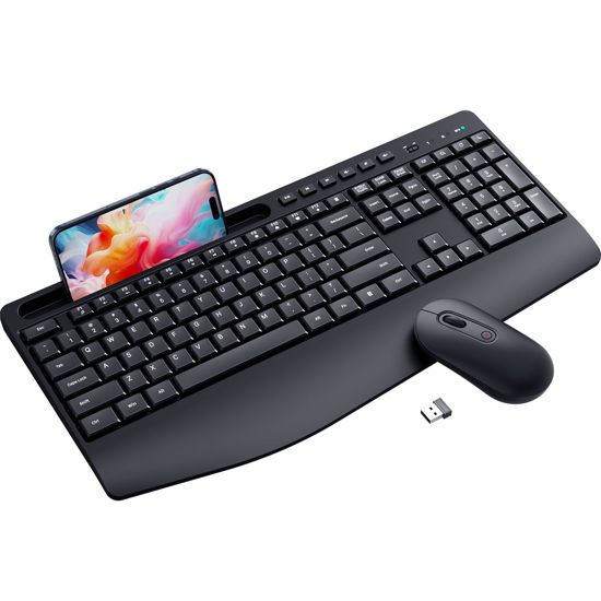 Picture of Wireless Keyboard and Mouse Combo,LIZRROT Ergonomic Computer Keyboard with Wrist Rest,2.4GHz Full-Sized Silent Mouse and Keyboard Combo with Phone Holder for Window, Mac, PC, Laptop