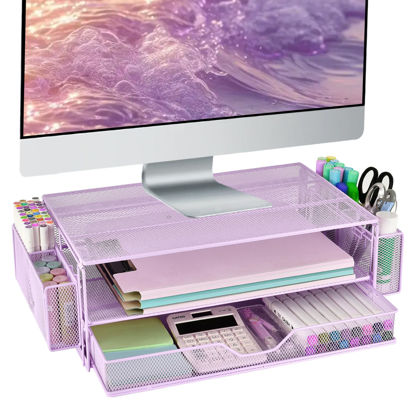 Picture of AUPSEN 2 Tier Computer Monitor Stands with Drawers and 2 Pen Holder, Desk Accessories & Workspace Desk Organizers, Desktop Organizer for Computer, Laptop, Printer, Office Supplies(Purple)