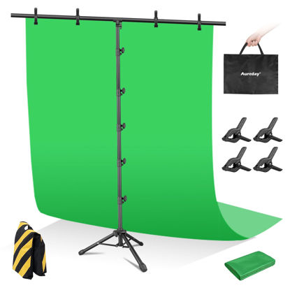 Picture of Aureday 8x5FT T-Shape Green Screen Backdrop Stand, Adjustable Backdrop Stand Kit with Horizontal Pole, 4 Spring Clamps, Sandbag, and Black Carrying Bag for Parties/Wedding/Photography/Decoration