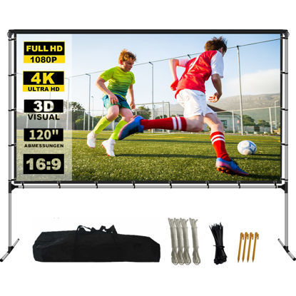 Picture of GYUEM Projector Screen with Stand Foldable Portable Movie Screen 120 Inch（16：9）, HD 4K Double Sided Projection Movies Screen with Carry Bag for Indoor Outdoor Home Theater Backyard Cinema Travel