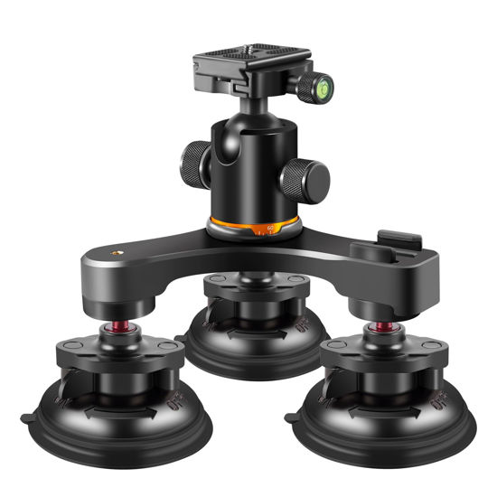 Picture of REYGEAK Triple Suction Cup Car Mount Heavy Duty Tripod with 360 Ball Head for GoPro Hero/Insta360/Sony/Canon/FUJIFILM/Nikon/Leica DSLR Mirrorless Camera, Windshield Window Holder Attach Accessories