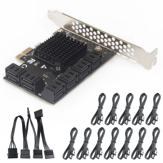 Picture of 12-Port PCIe SATA Expansion Card with SATA Cables and 1:5 SATA Splitter Power Cable - Compatible with Windows, Linux, Mac OS, NAS