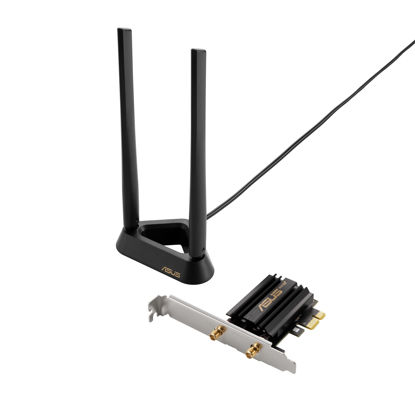 Picture of ASUS PCE-AXE59BT WiFi6 6E AX5400 PCI-E Adapter with 2 External Antennas and magnetized Base. Supporting 6GHz Band, 160MHz, Bluetooth 5.2, WPA3 Network Security, OFDMA and MU-MIMO