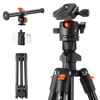 Picture of K&F Concept 76 inch Camera Tripod with Rotatable Multi-Angle Center Column,Lightweight Travel Outdoor DSLR Tripods with 360 Degree Ball Head Load Capacity 8kg/17.6lbs, Cellphone Clips for smartphone