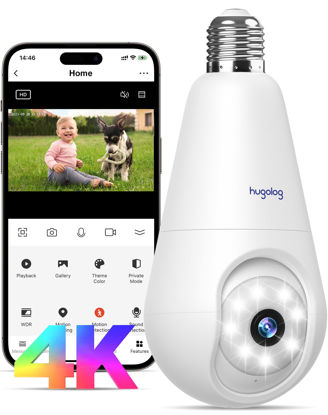 Picture of Hugolog 4K Light Bulb Security Cameras Wireless Outdoor-2.4GHz Cameras for Home Security Indoor with AI Sound Processing&Motion Detection,Color Night Vision,Auto Tracking,Siren Alarm,2-Way Audio