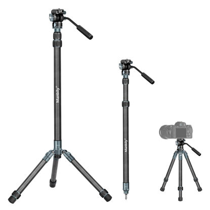 Picture of Manbily MPK-323 Carbon Fiber Camera Monopod with Feet, 74" Professional Monopod with Pan Tilt Fluid Head and Removable Tripod Base for DSLR Camera, Φ32mm Tube, Max Load 44lb/20kg