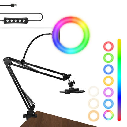 Picture of 8" RGB Ring Light with Overhead Camera Mount Overhead Phone Mount with RGB Fill Light for Articulating Arm Phone Mount for YouTube Live Stream Cooking Nail Video Recording