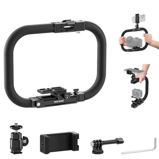 Picture of NEEWER Camera Cage Video Rig with Arca Type QR Plate, Single/Dual Grip Detachable Foam Side Handles Camera Phone Stabilizer for Video Recording DSLRs Camcorder Phone Action Camera Tripod Head, CA040