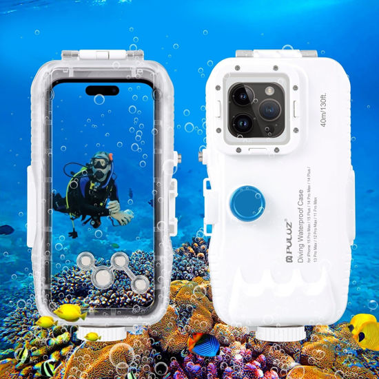 Picture of PULUZ 40m/130ft Waterproof Diving Case for iPhone 15 Pro Max/15 Plus /14 Plus / 14 Pro Max / 13 Pro Max /12 Pro Max/for Surfing Snorkeling Floating Photo Video Taking Underwater Housing Cover White