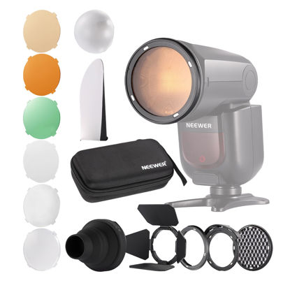 Picture of NEEWER CRM2 Magnetic Accessories Kit for Round Head Flash Z1-C Z1-N Z1-S Z2-C Z2-N Z2-S Compatible with Godox V1 Speedlites, Included 14pcs Flash Light Control Modifier Diffuser Adapter