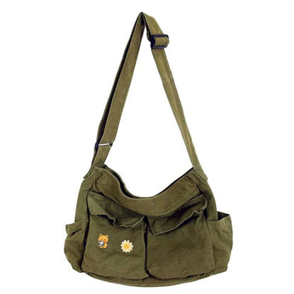 Picture of Canvas Messenger Bag Large Hobo Crossbody Bags with Multiple Pockets,School Vintage Shoulder Laptop Bag for Women and Men-Army Green