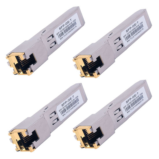 Picture of 4PCS 1000BASE-T Gigabit SFP to RJ45 Copper Ethernet Modular Transceiver for Cisco,Meraki,Ubiquiti,D/TP Link,Supermicro,Netgear,Broadcom, 1.25G SFP-T CAT5E/CAT6 up to 100m Mikrotik S-RJ01