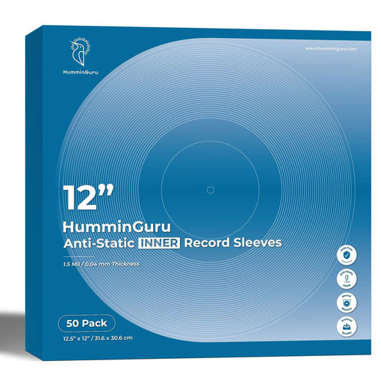 Picture of HumminGuru Vinyl Record Inner Sleeve 12 Inch, Acid Free & Anti Static Vinyl Sleeves, 1.5Mil HDPE Inner Record Sleeves, Round Bottom Record Sleeves for Album Covers 50 Pack (12“ Inner Sleeves)