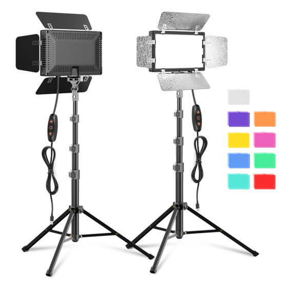 Picture of 2 Pack LED Video Photography Lighting Kit with 54'' Tripod Stand, Dimmable 5600K USB Studio Lights with Barndoor -9 Color Lighting for Video Recording, Photo Studios, YouTube, TikTok, Game Streaming