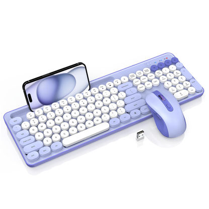 Picture of Wireless Keyboard and Mouse Combo, Retro Round Keycaps, Cute Full-Size Typewriter Keyboard with Phone Holder, Sleep Mode, Click Soft, 2.4GHz Cordless Connection for Windows/PC/Laptop (Purple-Colorful)