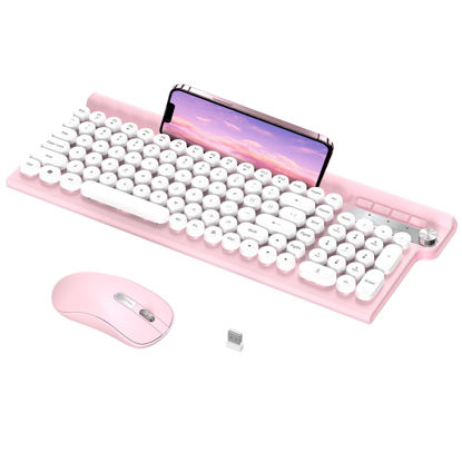 Picture of RaceGT Wireless Keyboard and Mouse Combo - Wireless Typewriter Keyboard and Silent Mouse, Cute Pink Keyboard with Phone Holder, 2.4G USB Computer Keyboard and Mouse Set for Windows Laptop/Desktop/PC