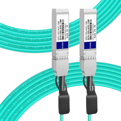 Picture of FLYPROFiber SFP+ to SFP+ Cable, 10G SFP+ AOC Cable Active Optical Fiber Cable, OM3 MMF Fiber with SFP+ connectors for Cisco SFP-10G-AOC15M, Ubiquiti UniFi, Supermicro, Mikrotik, 15M(49.2ft)