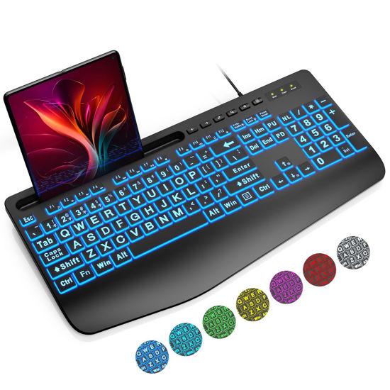 Picture of SABLUTE Large Print Backlit Computer Keyboards, Wired Lighted USB Keyboards with 7-Color Backlit, Wrist Rest, Phone Holder, Easy to Read and Type for Laptop, PC, Windows, Desktop