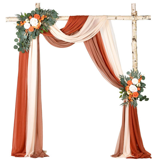 Picture of DearHouse 3 Panel Wedding Arch Draping Fabric,29.5" x18Ft Pearl Fabric Drapes for Wedding Sheer Backdrop (Champagne+Terracotta+Caramel)