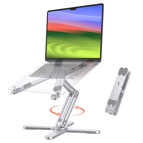 Picture of OMOTON 360 Rotating Laptop Stand Riser for Desk, Ergonomic Foldable Computer Stand Adjustable Height Angles for Collaborative Work, Easy Storage Fit Macbooks,All Laptops up to 16 inches, Silver