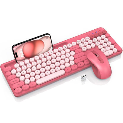 Picture of Wireless Keyboard and Mouse Combo, Retro Round Keycaps, Cute Full-Size Typewriter Keyboard with Phone Holder, Sleep Mode, Click Soft, 2.4GHz Cordless Connection for Windows/PC/Laptop (Pink-Colorful)