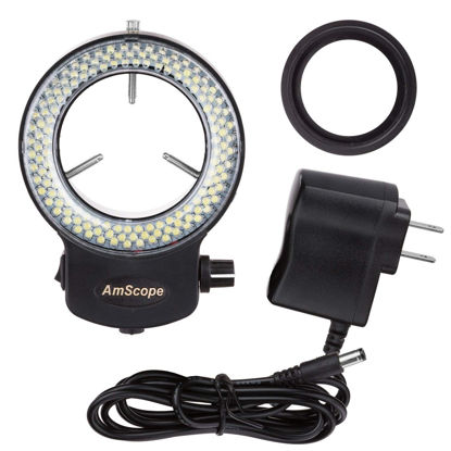 Picture of AmScope 144 LED Intensity-Adjustable Ring Light: Stereo Microscope Accessory with Black Housing