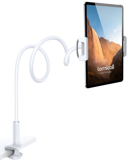 Picture of Lamicall Gooseneck Tablet Mount Holder for Bed Flexible Tablet Arm Clamp for Bed Compatible with Pad Pro 10.5, Air 9.7, Mini 7.9, Galaxy Tabs, Switch, More 4.7-11" Device - White