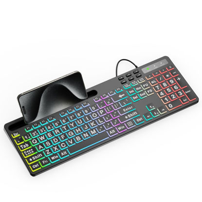 Picture of MARVO Large Print Backlit Keyboard, WK712 Wired Computer Keyboard with 7 Colors & 11 Modes Backlight, Silent Light Up Keyboard with Tablet Phone Holder, Full-Size Gaming Keyboard for Windows, Mac