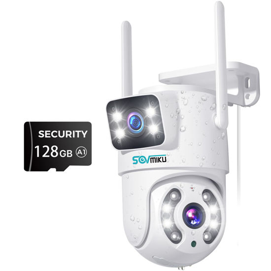 Picture of SOVMIKU【Dual Lens Linkage 6MP WiFi Security Camera Outdoor, Pan Tilt Security WiFi Camera with 128GB SD Card, Human Detection, Auto Tracking 【Need Plug in Cable】 Color Night Vision, 24/7 Record