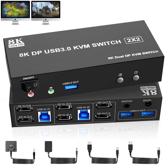 Picture of 8K@60Hz USB 3.0 Displayport KVM Switch 2 Monitors 2 Computers, DP 1.4 Dual Monitor KVM Switch with 3 * 3.0 USB Port, Wire Remote, DV 5V Cables, 2*PC Cables, Audio Ports, Microphone Port