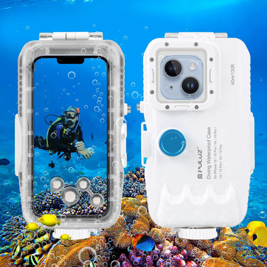 Picture of PULUZ Waterproof Case for iPhone 15Pro/15/14/14 Pro/13/13 Pro/12/12 Pro，PC+Glass Protective Case 40m/130ft Waterproof Diving Case Underwater Housing Cover for Surfing Snorkeling Kayaking White