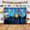 Picture of Superheroes Theme Party Photography Backdrop with Prop, Flag & Mask. Super Hero Cityscape Photo Booth Background for Kids Party, Birthday Wall Decorations