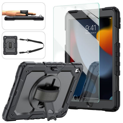 Picture of iPad 9th/8th/7th Generation Case, iPad 10.2 Case 2021/2020/2019, [Kid Proof] ambison Full Body Protective Case with 9H Tempered Glass Screen Protector, 360° Rotatable Kickstand & Hand Strap (Black)