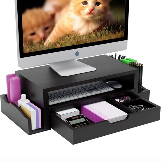 Picture of Simple Trending Monitor Stand Riser and Computer Wood Desk Organizer with Drawer and Pen Holder for Laptop, Computer, iMac, Black