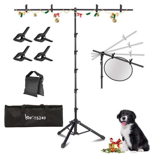 Picture of Lusweimi T-Shape Backdrop Stand, 8x5.3FT Adjustable Photo Background Stand Kit with 4 Spring Clamps, Carry Bag, Portable Photography Studio Backdrop Support Stand for Parties/Wedding/Photography