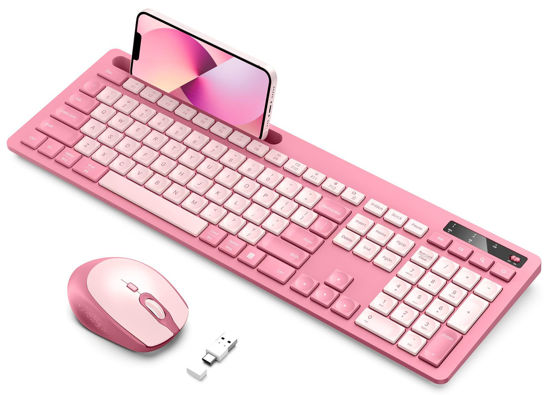 Picture of Wireless Keyboard and Mouse Set Rose Pink, Vivefox Wireless Keyboard with Phone Holder, USB A & Type C Cute Keyboard and Mouse Compatible for Mac, MacBook/Air/Pro Windows Computer Heartbreaker Rose