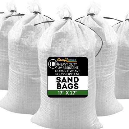 Picture of Heavy Duty Durable SandBags Empty Woven Sand Bags Water Resistant UV Protection Polypropylene Sand Bags Ultra Tough Sandbags Hurricane Flooding Protection Gardening Construction (17 x 27, 100 PACK)